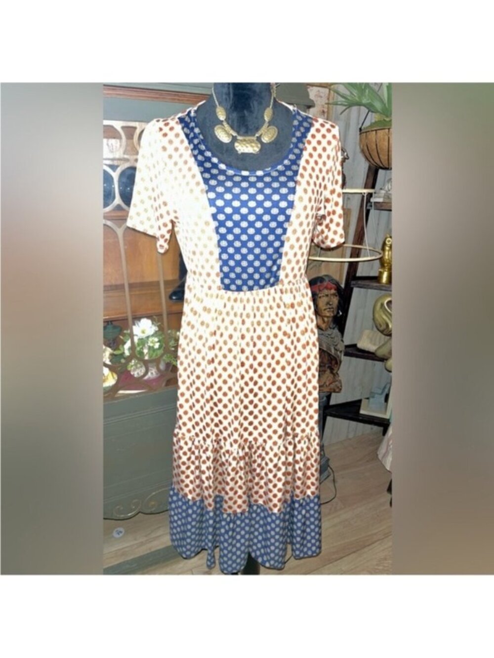 Blue and Cream Polka Dot Short-Sleeve Midi Dress